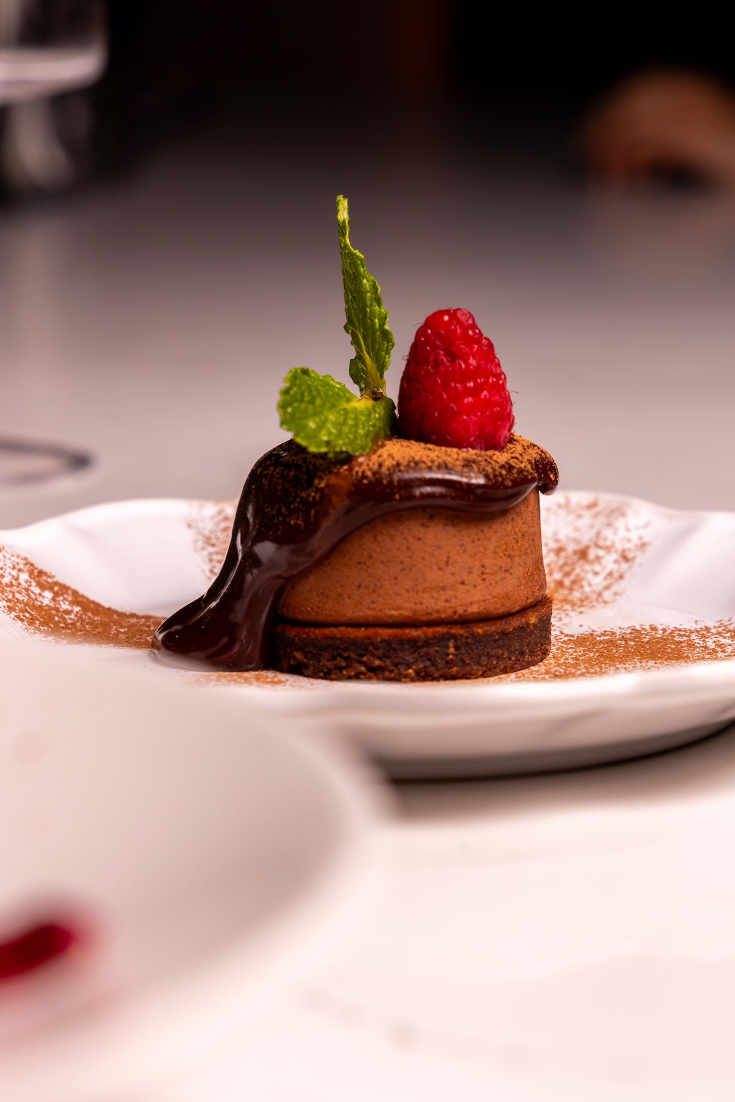 A chocolate mousse cake with a raspberry and mint at Verdure