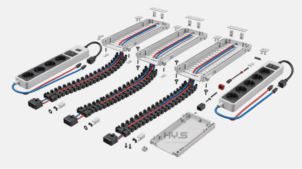 Exploded view of a power strip and cable management components including metal casing parts, red and blue wires, black cable clips, screws, and connectors organized in rows on a white background.