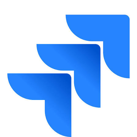 Three blue angular shapes arranged diagonally, each resembling a stylized curved arrow or check mark pointing upward and to the right.