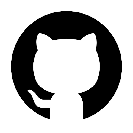 Silhouette of an abstract cat with pointed ears and a curved tail inside a solid black circle.