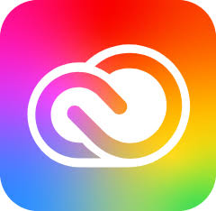 White Adobe Creative Cloud logo with two interlocking circles on a rounded square background featuring a gradient rainbow of colors from red to purple.