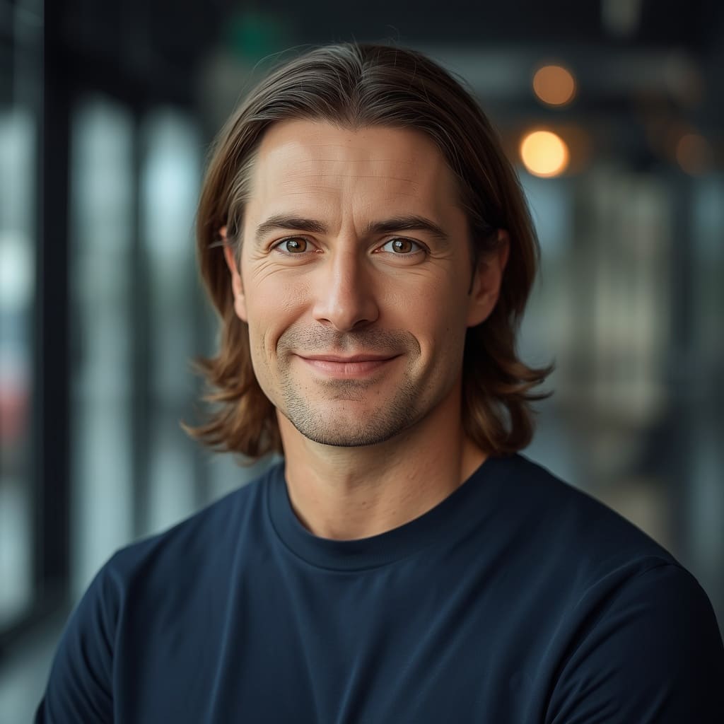 Smiling man with medium-length brown hair wearing a dark blue shirt, standing indoors with blurred windows and lights in the background.