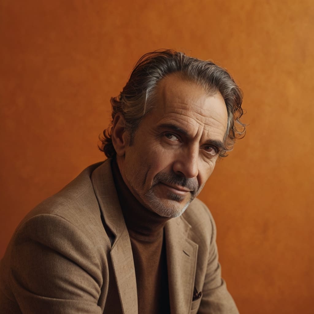 Middle-aged man with gray-streaked hair and light beard wearing a brown blazer and turtleneck, posing against an orange background.