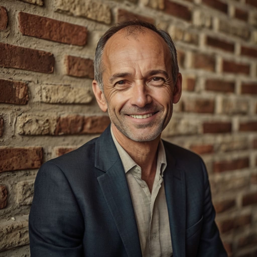 Smiling middle-aged man in a dark blazer and light-colored shirt posing against a textured brick wall.