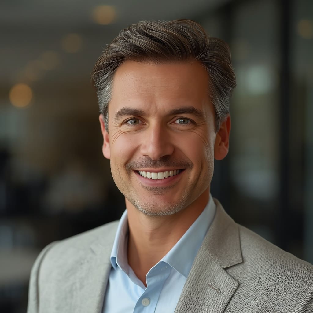 Smiling middle-aged man with gray-streaked brown hair wearing a light gray blazer and blue shirt, with a blurred background.