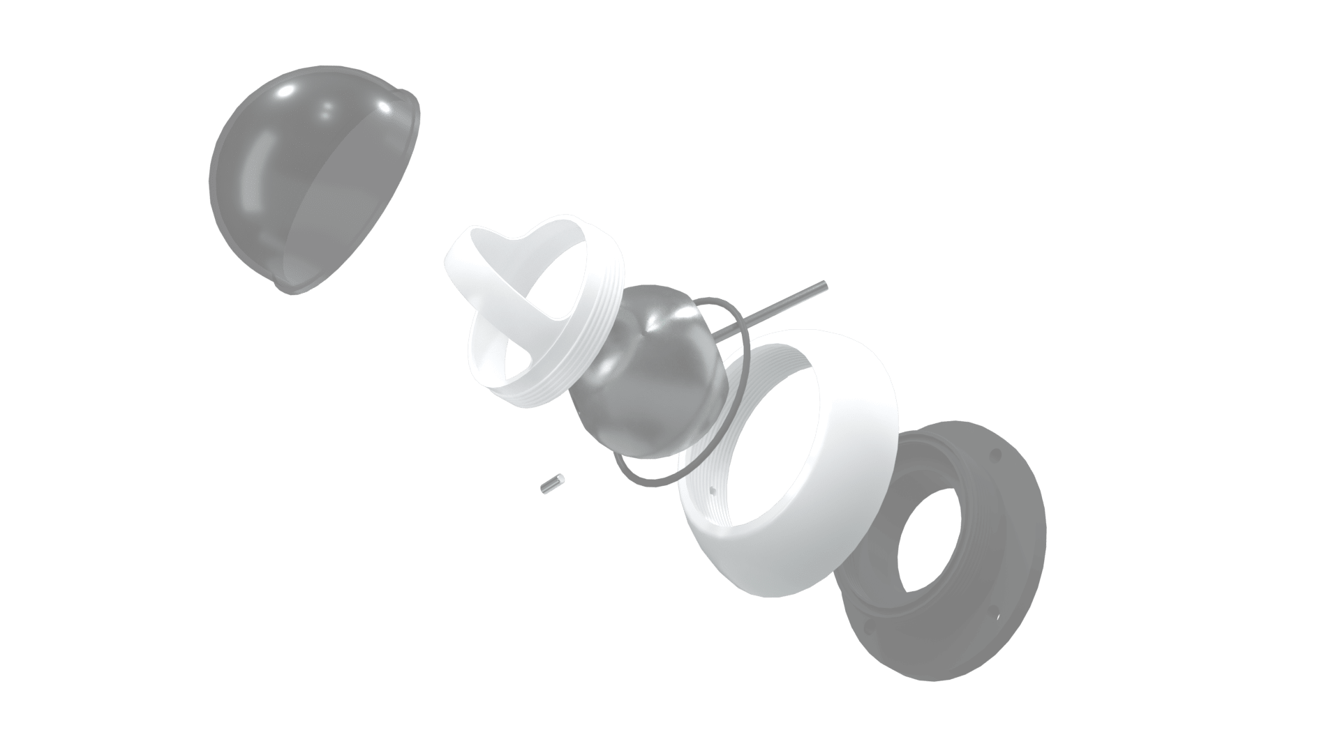 Exploded view of a mechanical assembly with multiple parts including black and white circular components, a black spherical element, and a small cylindrical piece, all suspended separately on a white background.