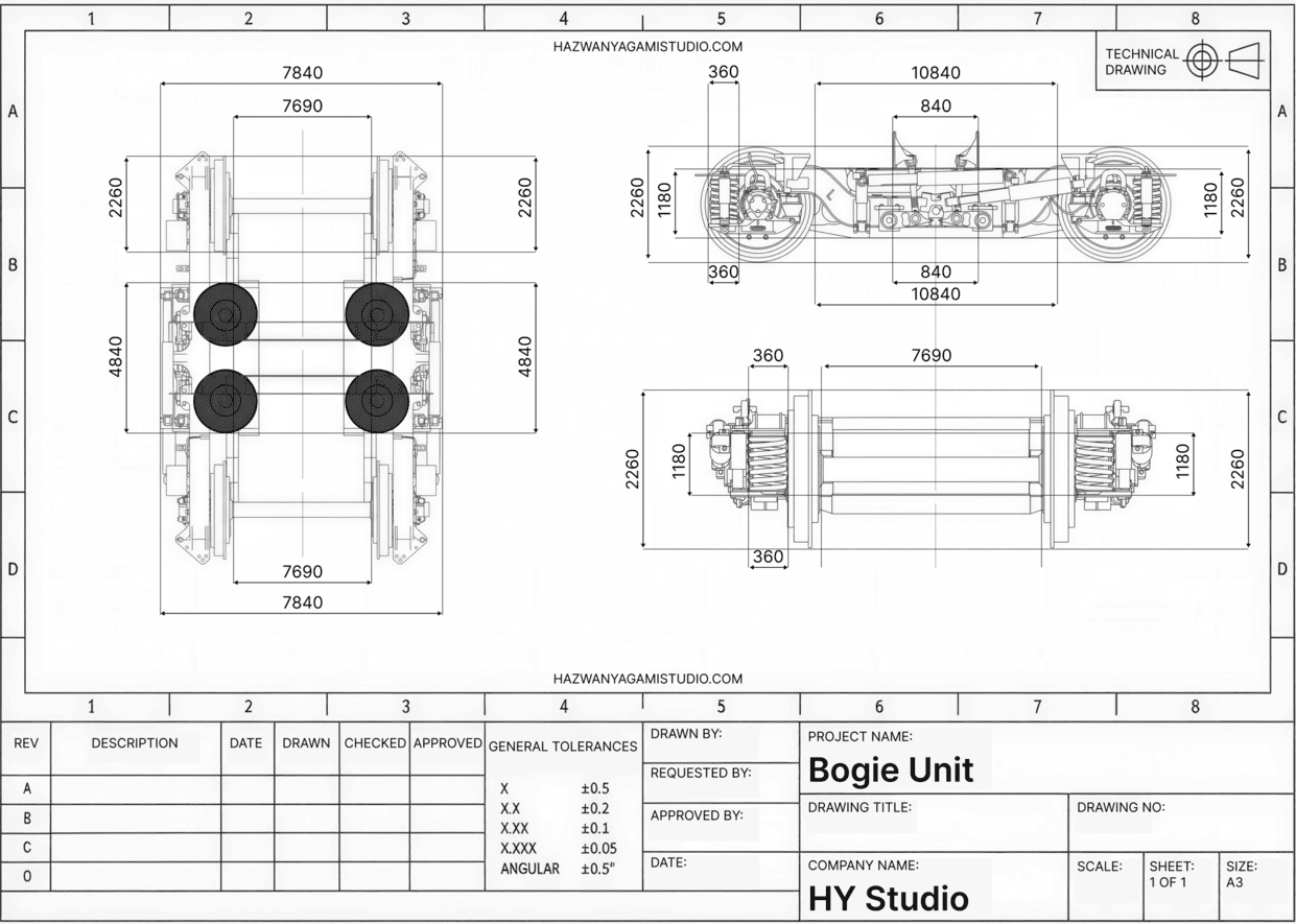 Technical drawing of a bogie unit showing detailed top, side, and front views with precise measurements in millimeters including widths, lengths, and heights of components, and wheel positions. The drawing includes labels, general tolerances, and project information such as project name 'Bogie Unit' and company name 'HY Studio'.