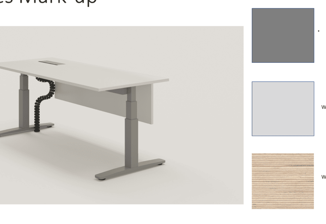 Product visualization with material and finish swatches.