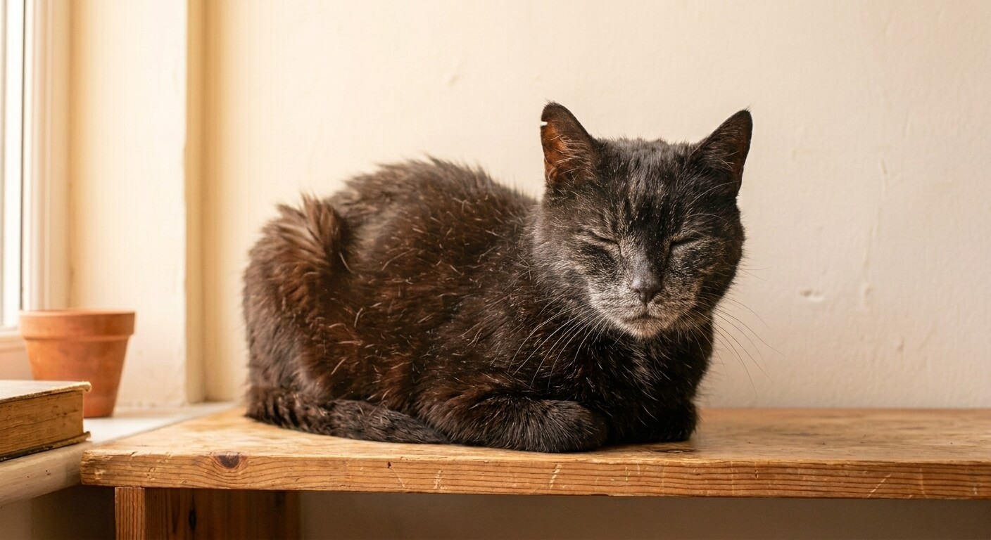 Oreo, an elderly black and grey cat, dozing on a shelf