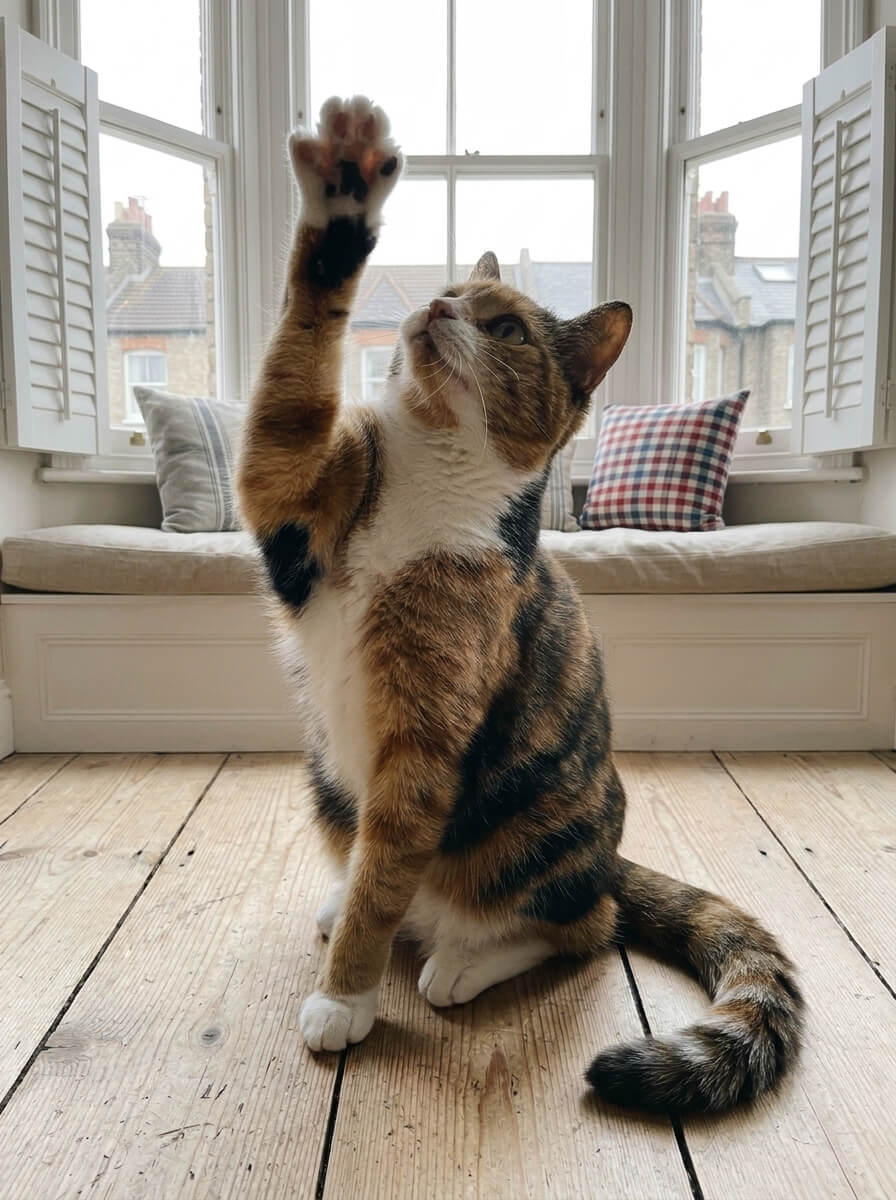 A cat reaching up with one paw