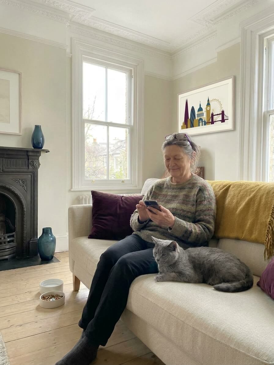 A cat sitter at home with a grey cat