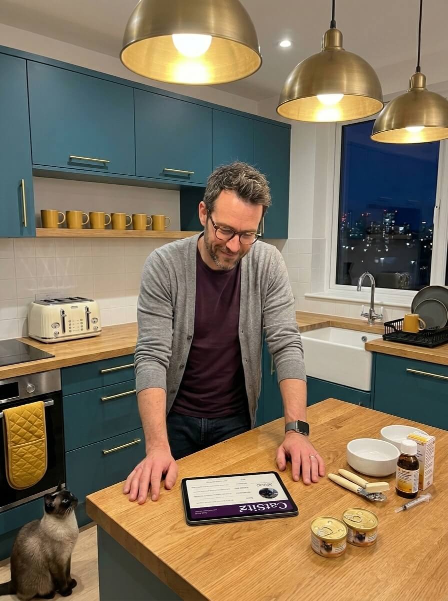 A cat owner reading his cat's Care Card on an iPad in his kitchen, with his Siamese cat watching