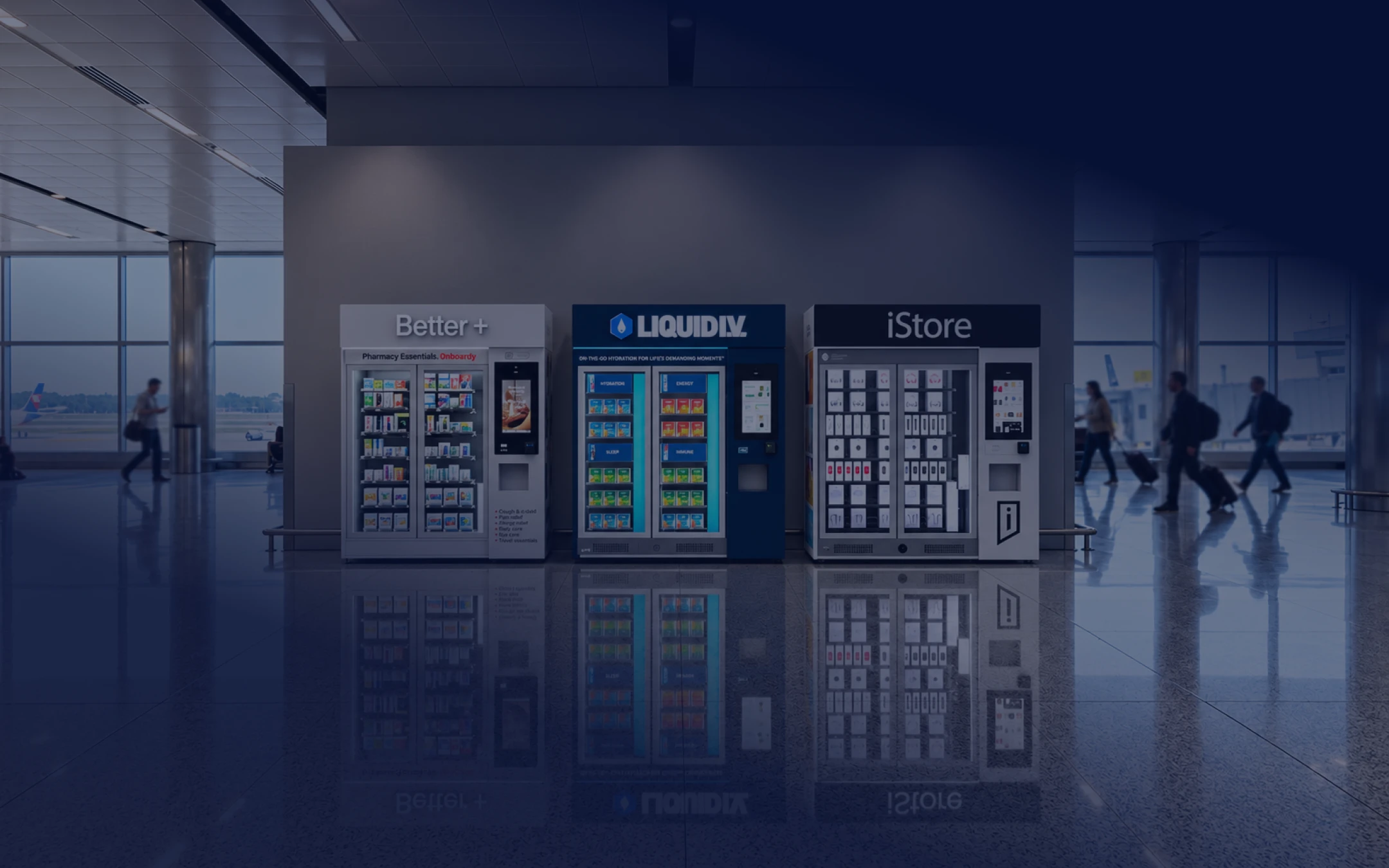 Better+, Liquid I.V. and iStore kiosks in an airport terminal.