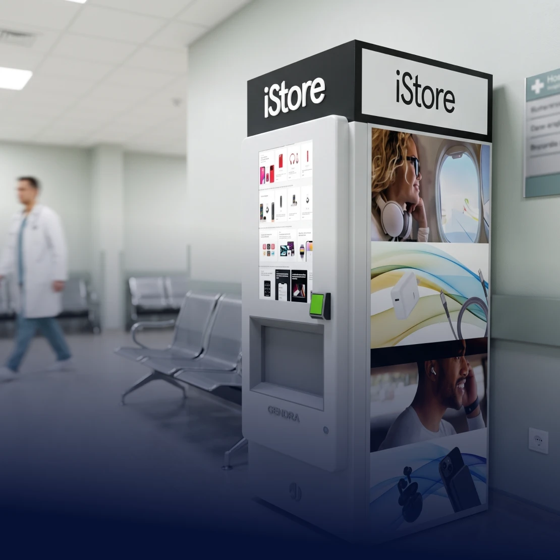 iStore electronics kiosk beside airport seating.