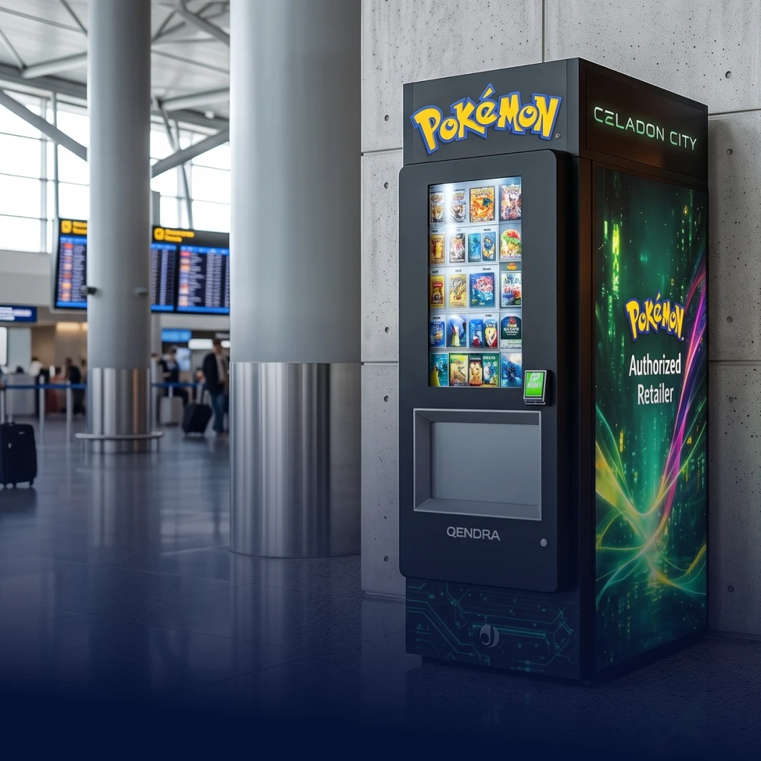 Pokémon kiosk beside a column in an airport terminal.