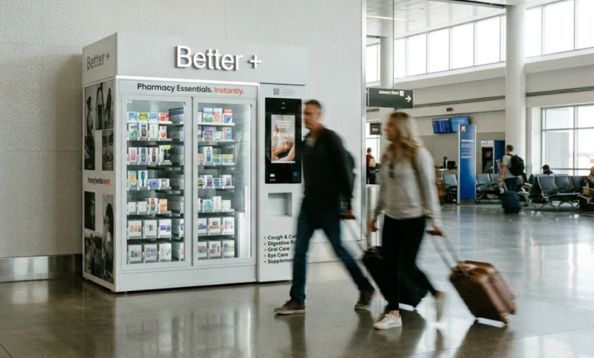 Travelers with luggage passing a Better+ kiosk in an airport.
