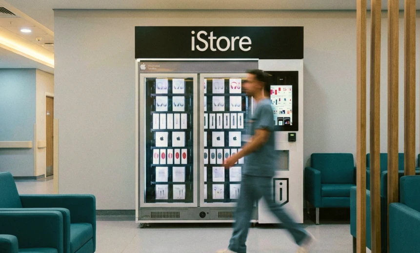 Healthcare specialist walking past an iStore kiosk in a lounge.
