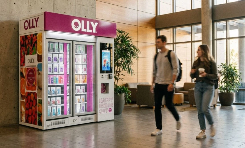 Travelers walking past an OLLY kiosk in a bright concourse.