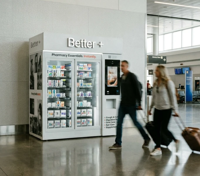 Travelers with luggage passing a Better+ kiosk in a bright terminal.