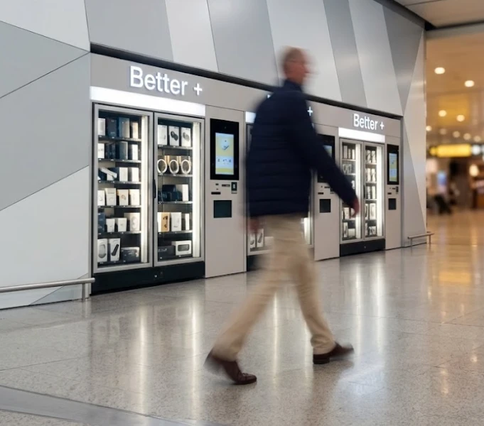 Traveler walking past a Better+ kiosk in a terminal.