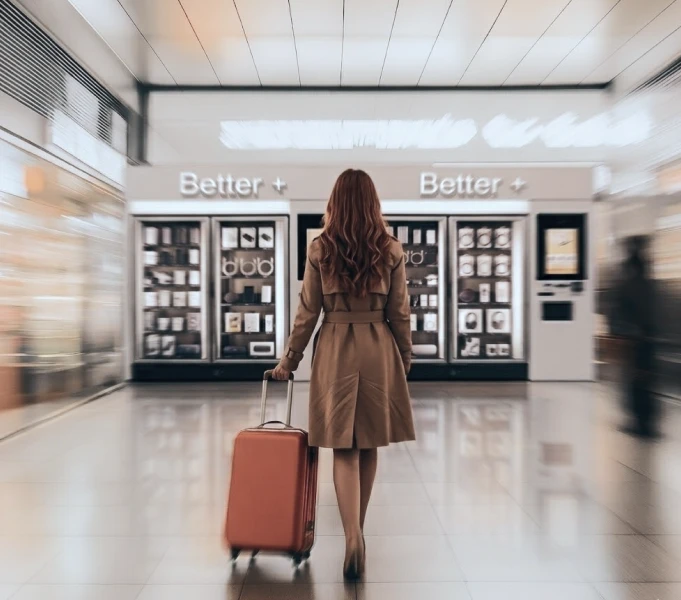 Traveler pulling a suitcase toward Better+ kiosks in a bright lobby.