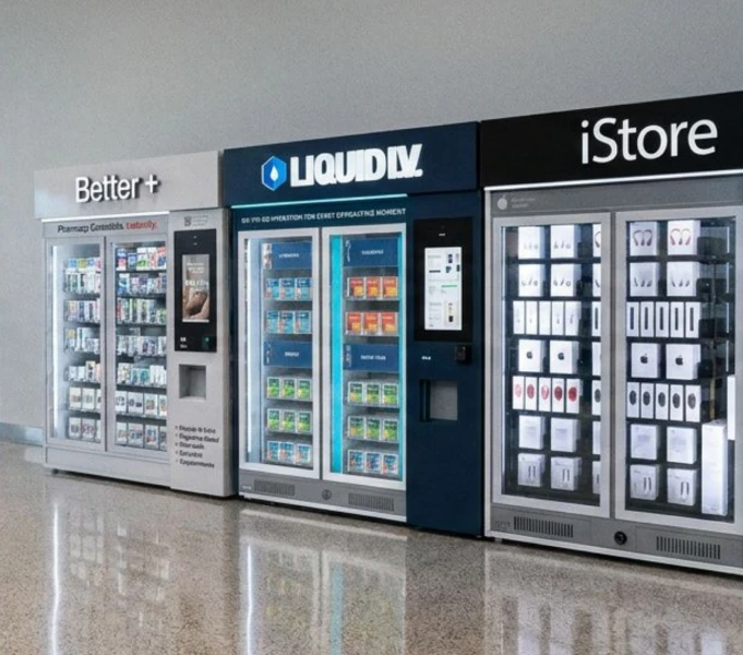 Better+, Liquid I.V. and iStore kiosks lined up in a concourse.