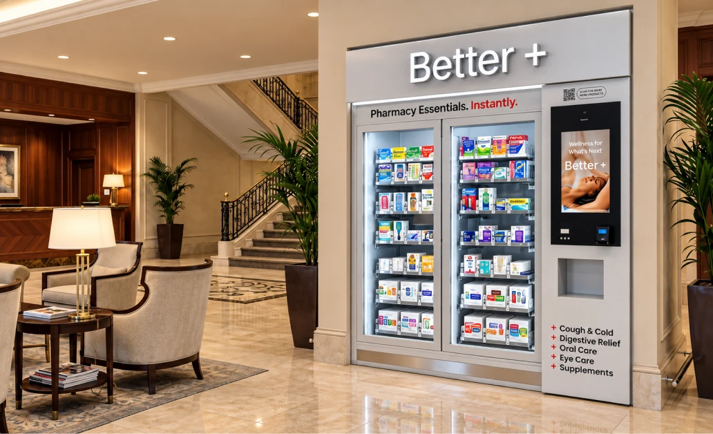 Better+ kiosk beside armchairs in a hotel lobby.