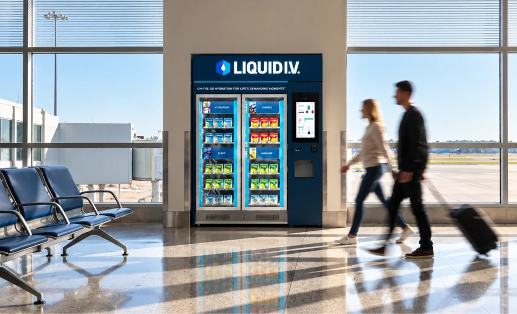 Travelers walking past a Liquid I.V. kiosk beside airport seating.