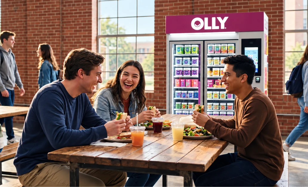 Students talking around a table with an OLLY kiosk behind them.