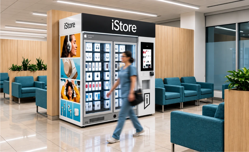 Doctor passing an iStore kiosk surrounded by lounge seating.