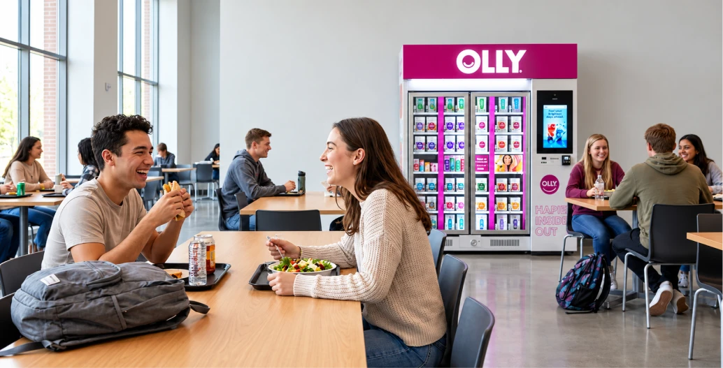 Students eating at tables near an OLLY kiosk in a campus cafe.