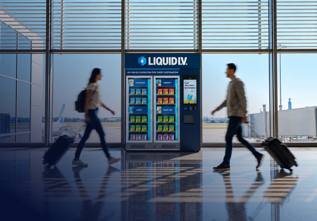 Travelers passing a Liquid I.V. kiosk in a sunlit terminal.