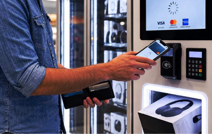 Customer holding a smartphone near an automated kiosk payment reader.