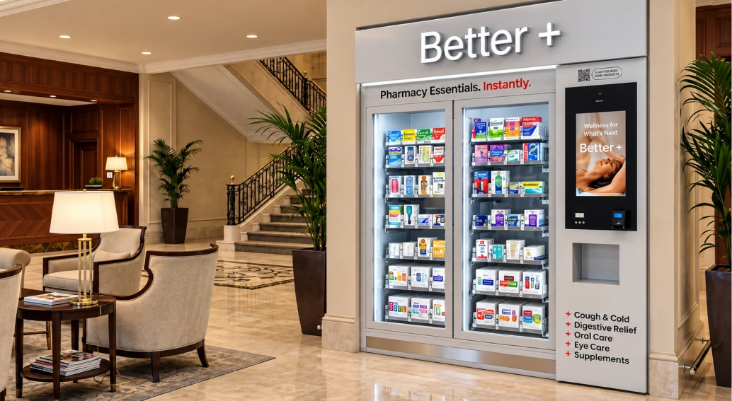 Better+ automated retail kiosk beside seating in a hotel lobby.