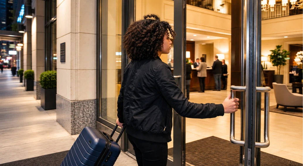 Traveler with a suitcase opening the door to a hotel lobby.