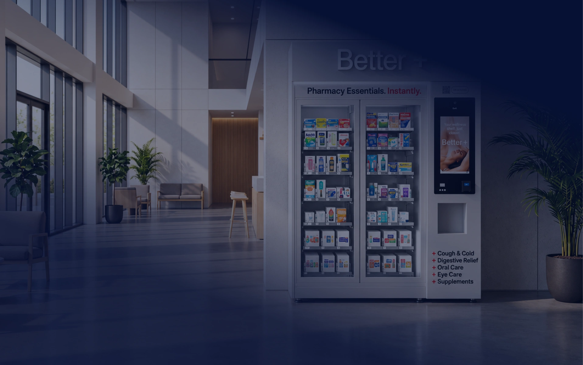 Better+ automated retail kiosk in a spacious lobby.