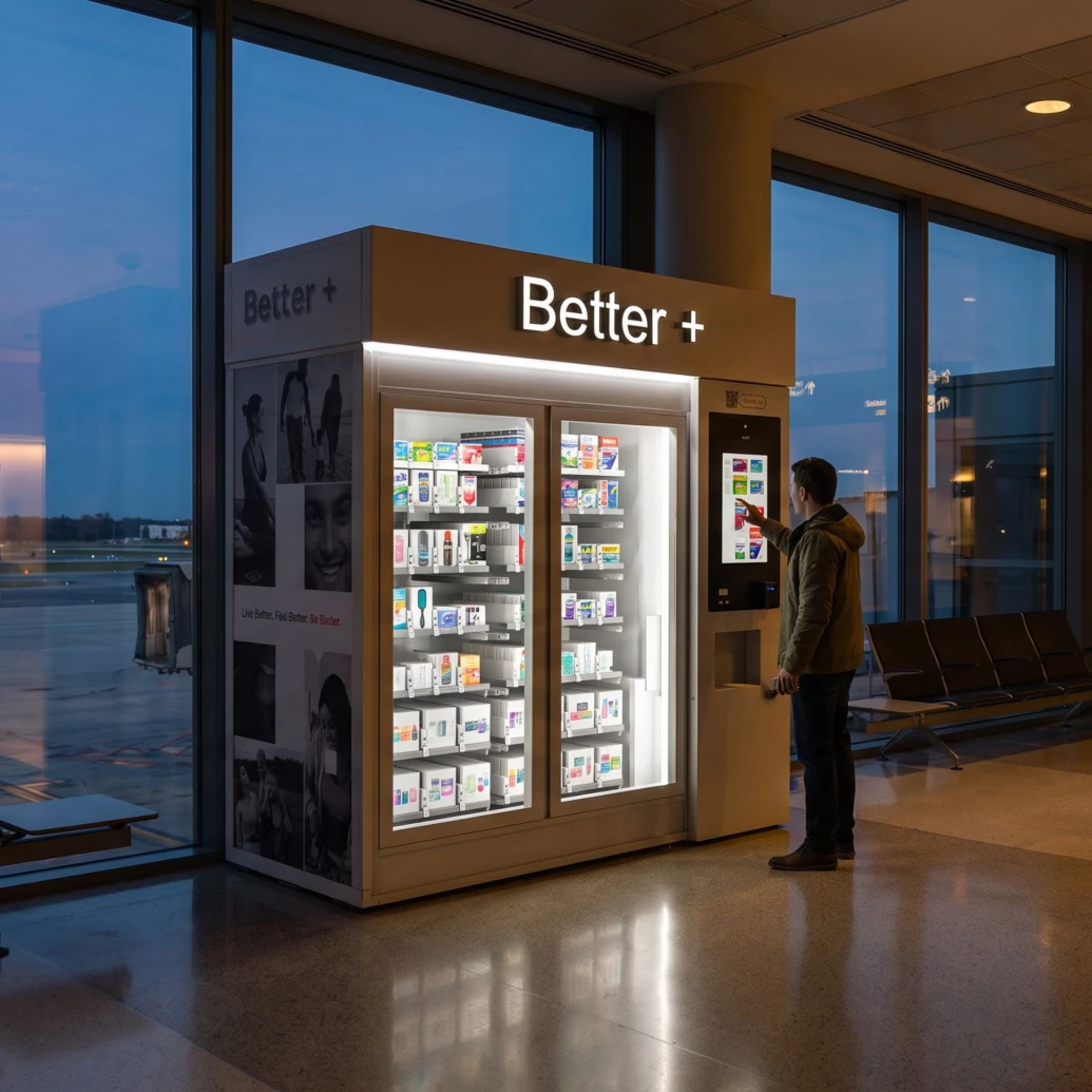 Better+ kiosk in a lobby at dusk.