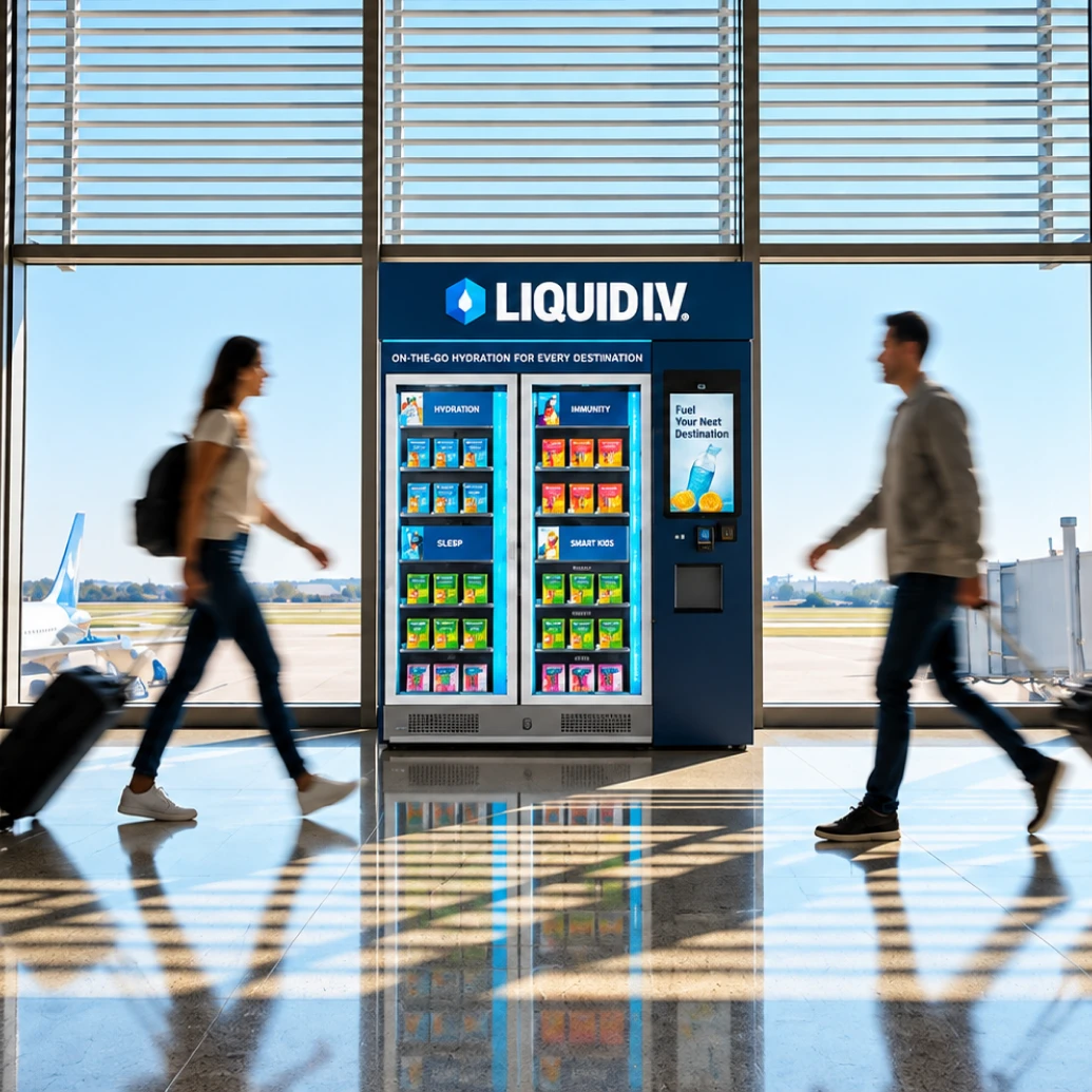 Travelers walking past a Liquid I.V. kiosk in an airport terminal.
