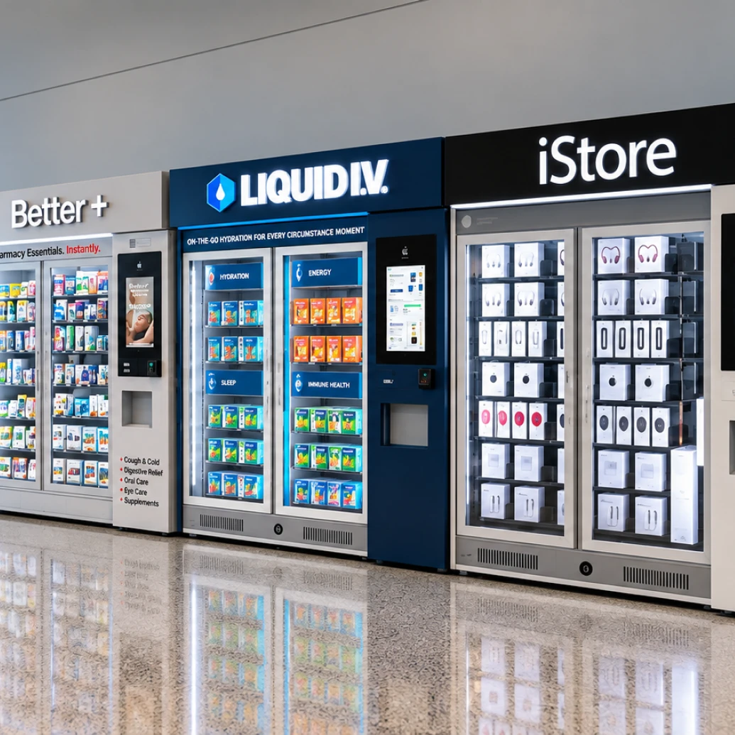 Better+, Liquid I.V. and iStore automated retail kiosks in a concourse.