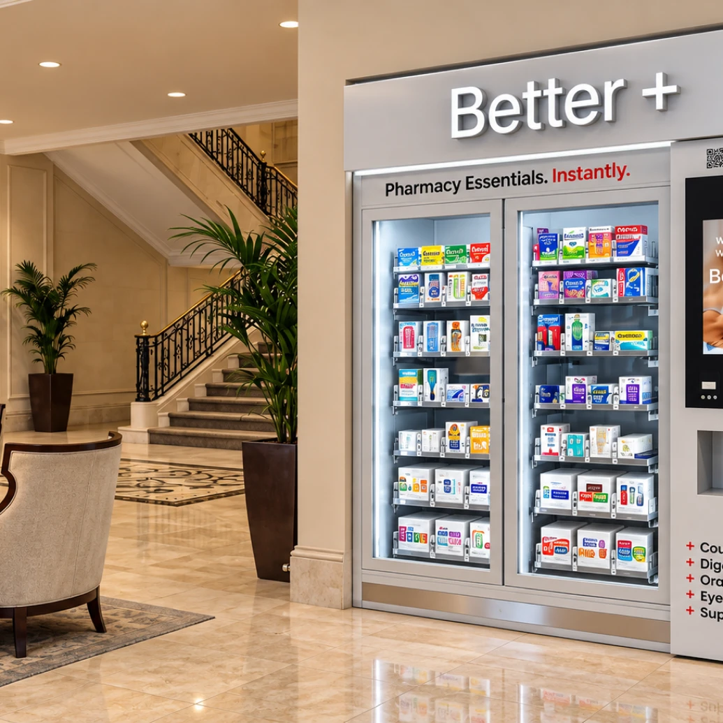 Better+ kiosk beside seating in a hotel lobby.