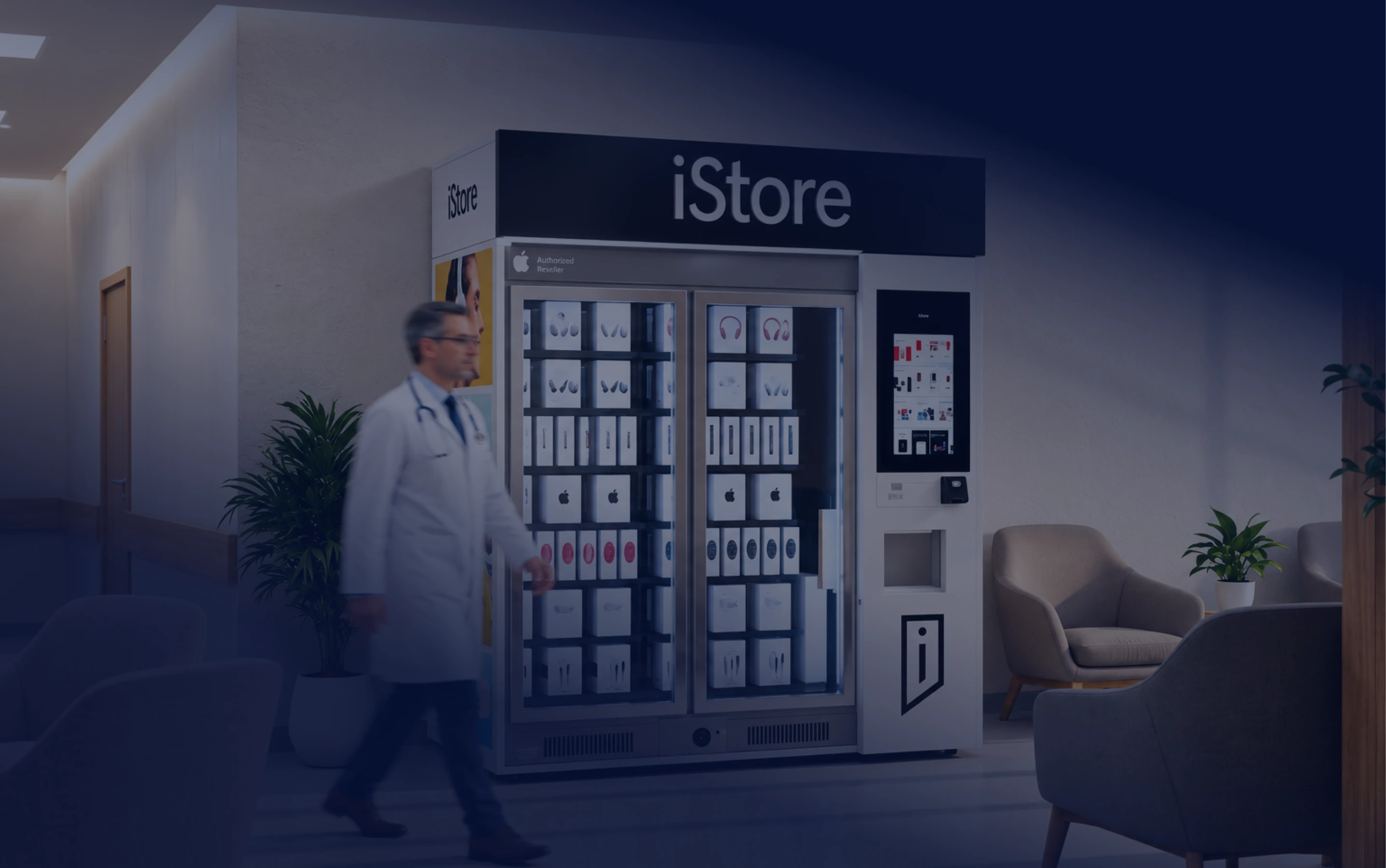 Traveler standing beside an iStore electronics kiosk.