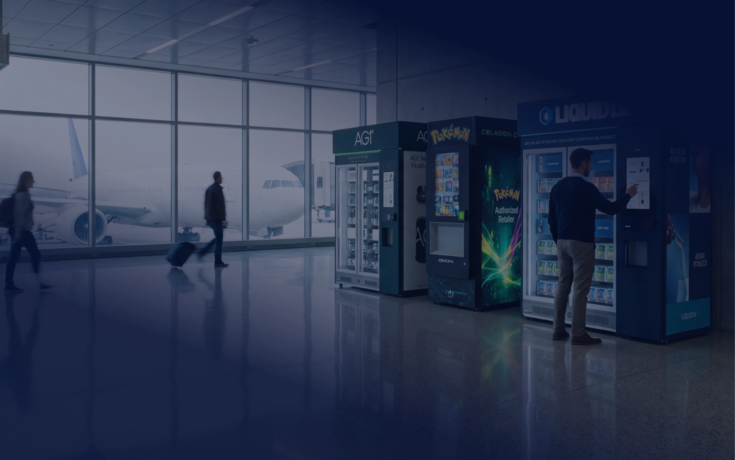 Branded automated retail kiosks lined up in an airport terminal.