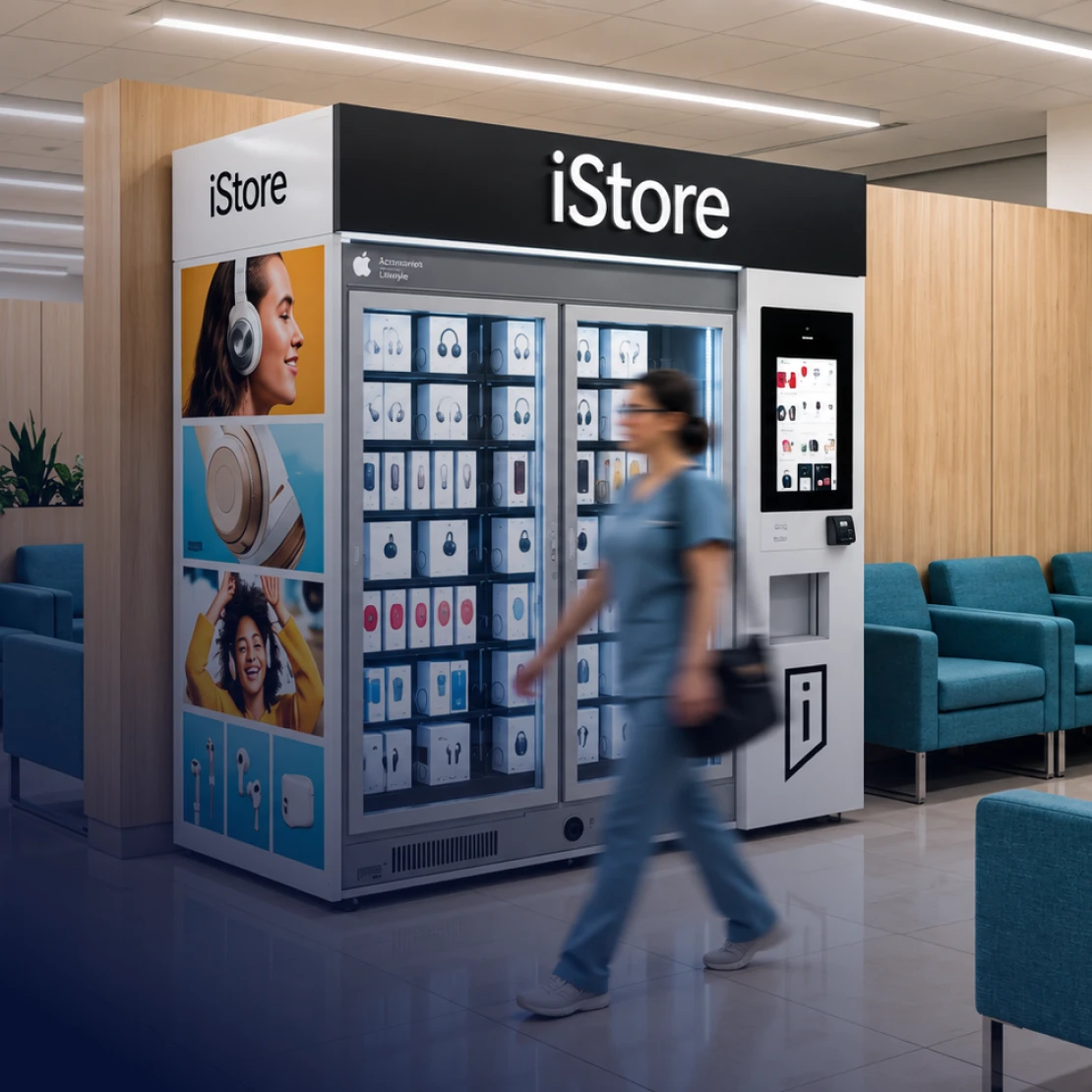 Traveler passing an iStore kiosk in a lounge.
