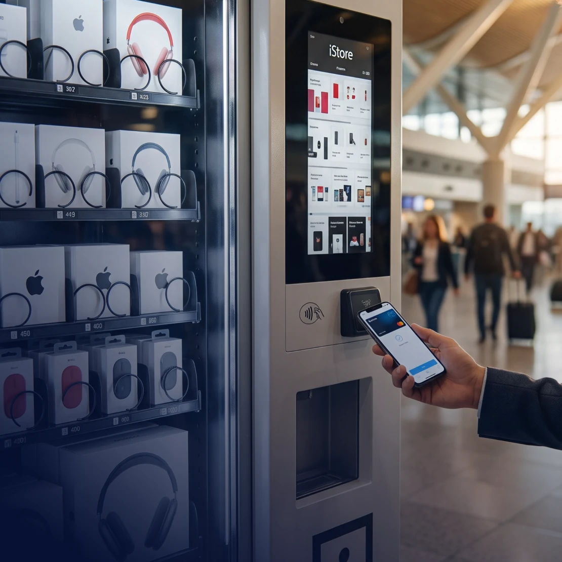 Customer holding a smartphone beside an electronics kiosk.