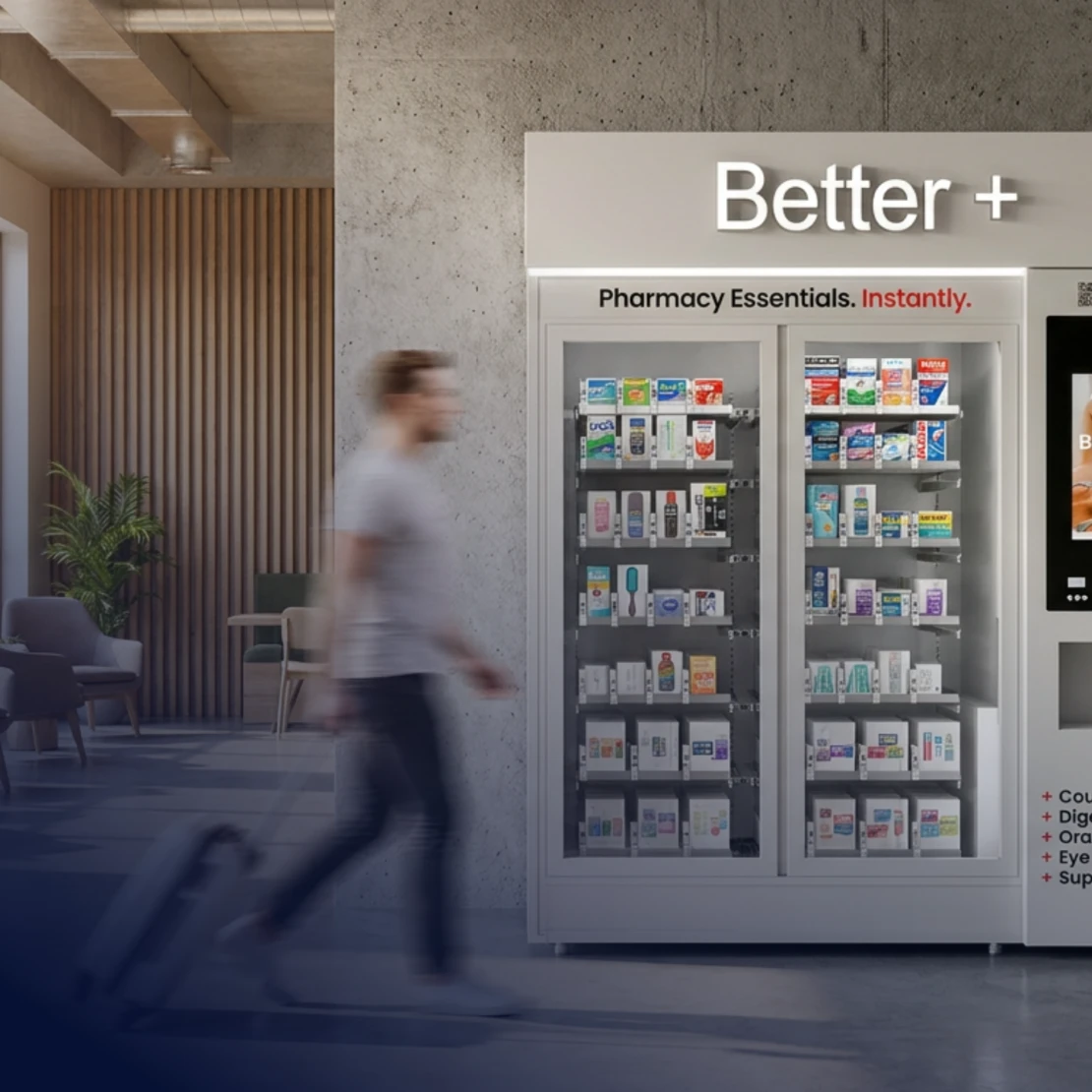 Traveler walking past a Better+ kiosk in a lobby.