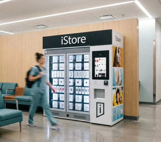 iStore electronics kiosk beside teal lounge chairs.