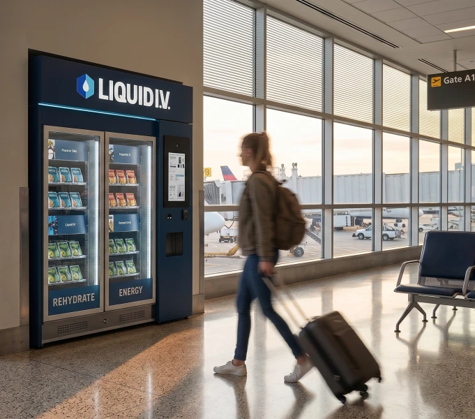 Traveler pulling a suitcase past a Liquid I.V. kiosk in an airport.