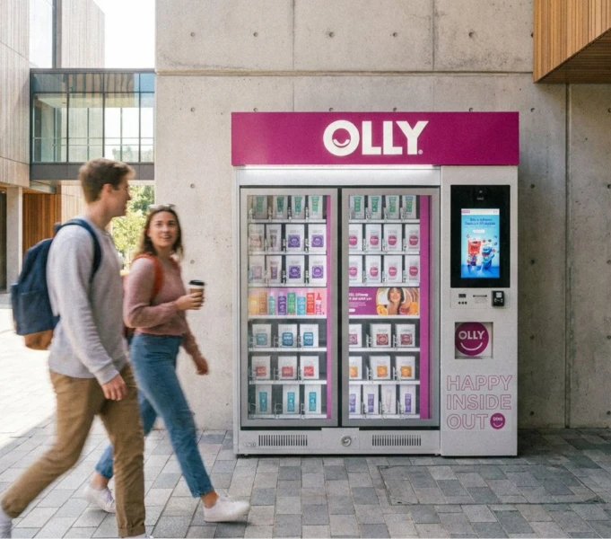 Students walking past an OLLY kiosk in a campus concourse.