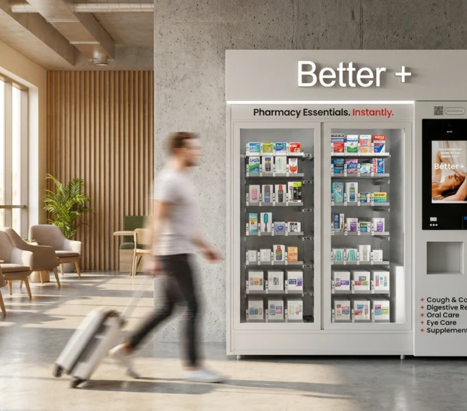 Traveler walking past a Better+ kiosk with a suitcase.