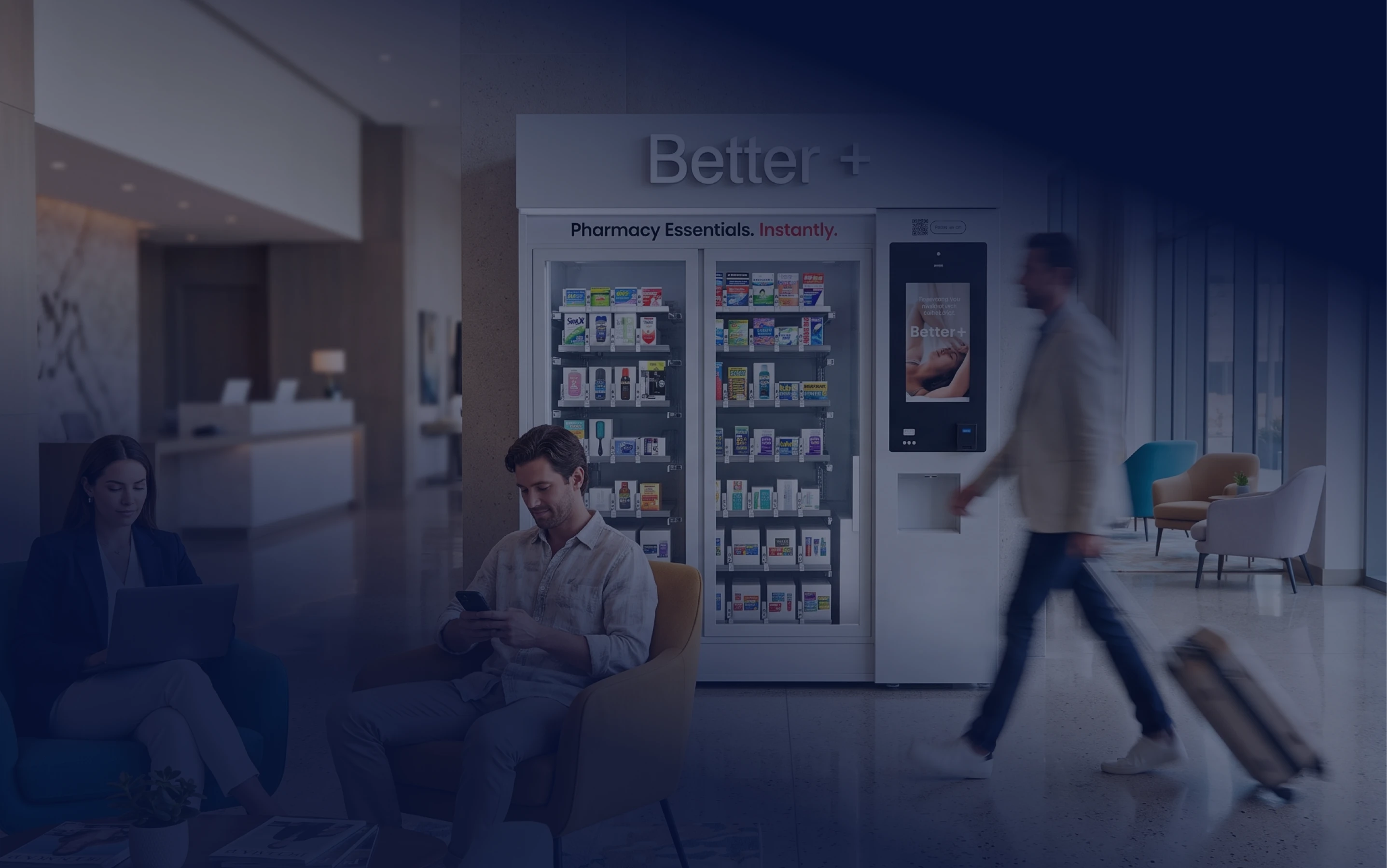 Traveler pulling a suitcase past a Better+ kiosk in an airport lounge.